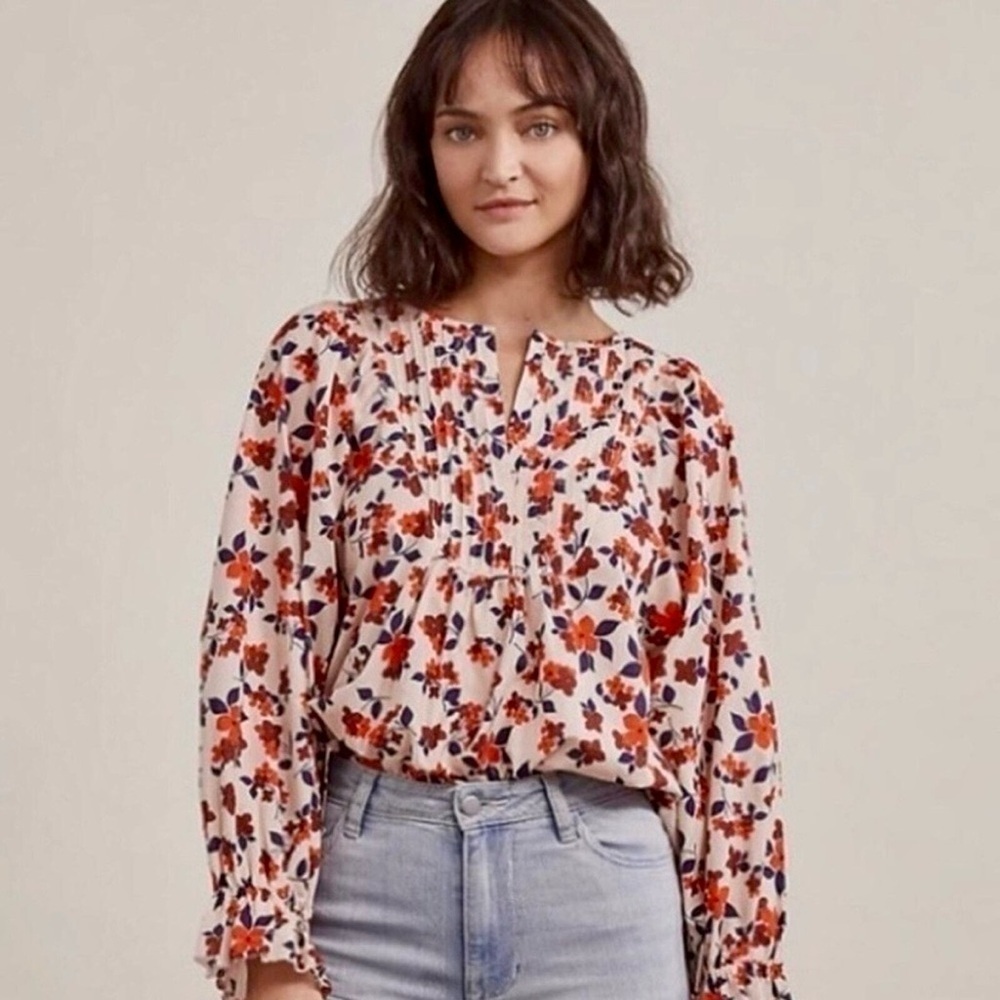 Elizabeth and James Floral Cotton Pintuck Peasant Blouse XL